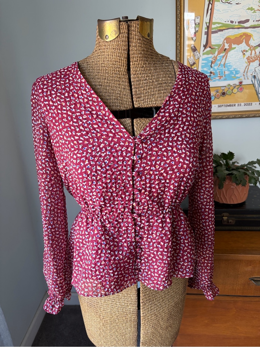 Madewell Burgundy Floral Button-Front Peplum Blouse